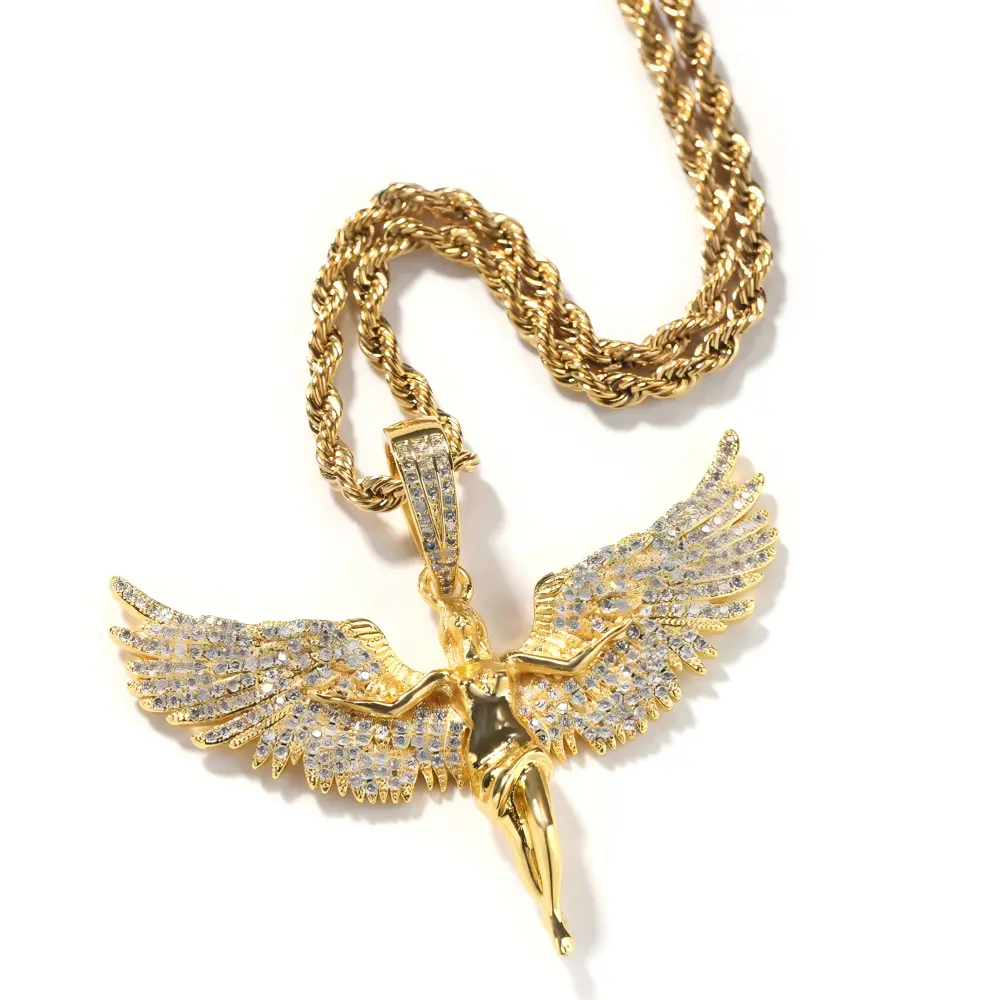 QUEENDO Iced Out Winged Angel Pendant Necklace, Fully Paved Sparkly Stone Goddess Charm, 3D Spread Wings Angel Figure Pendant, Gold & Silver Two Colors Available with Rope Chain, Adjustable Link Bracelet, Daily Party Jewelry Gift