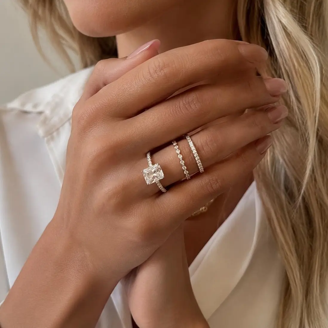 CELIKY US  Women's Hypoallergenic 3.5CT Radiant Cut Cubic Zirconia 3-Pcs White Gold-Plated Nickel-Free Alloy Stackable Rings, Everyday Wear Layered Look Female Fashion Jewelry, Female Rings, Jewelry Rings, Beautiful Rings