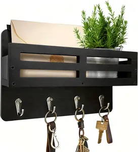 Key Holder Wall Mount, 10 Inch Decorative Key and Mail Holder for Wall, with Mail Organizer & 4 Key Hooks, Rustic Wooden Key Rack for Hanging Dog Leash Sunglasses, Entryway Key Hanger, Black KISENG