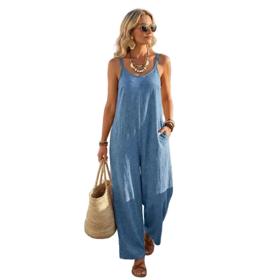 Summer Womens Casual Solid Color Wide-Leg Jumpsuit