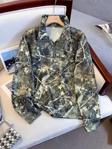 Women's Street Vintage Camo Full Print Loose Zipper Sweatshirt, Casual Fall & Winter Clothing, School Reunion, Teacher