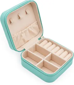 Mini Jewelry Travel Case, PU Leather Travel Jewelry Organizer Box, Small Portable Portable Jewellery Storage Holder for Womens Rings Earrings Necklaces Bracelets (Blue)