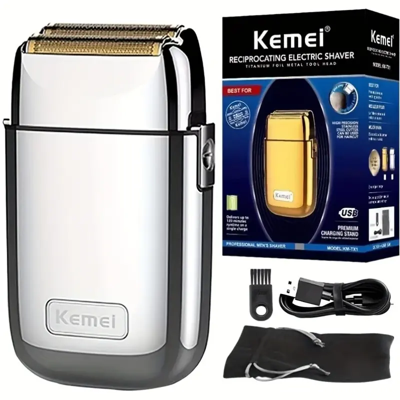 Kemei TX1 Pro Barber Metal Double Foil Rechargeable Shaver Machine Titanium Super Close Razor Cordless Zero Retractable Trimmer for Finishing Gold