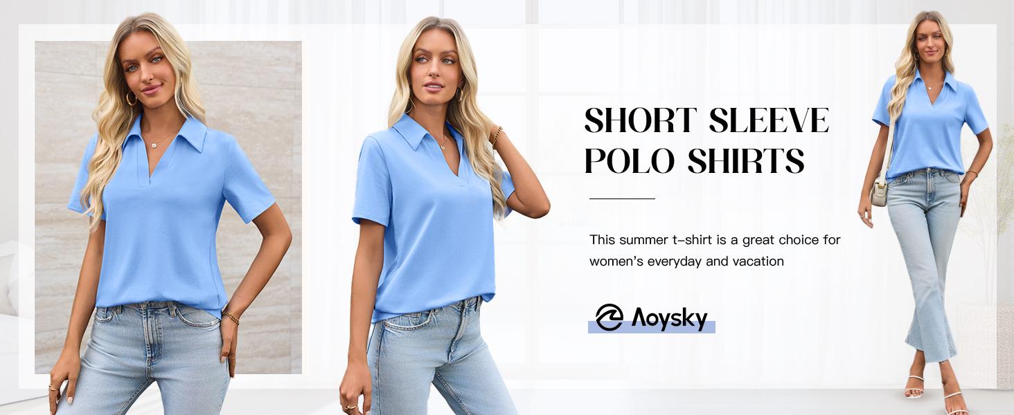 Aoysky Women's Short-Sleeve Fitted Minimalist Lightweight Polyester V-Neck Collared Polo Shirts - Women's Clothing, Business Casual Tops, Summer Tops Aoysky Women's Short-Sleeve Fitted Minimalist Lightweight Polyester V-Neck Collared Polo Shirts - Women's Clothing, Business Casual Tops, Summer Tops
