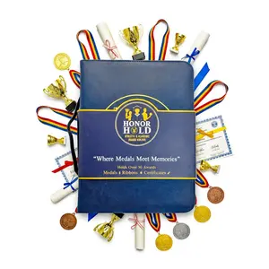 The Premium Award Holder for Athletic & Academic achievements with QR Memory Cards to upload photos & videos. Luxury Leather & Gold Detailing hold 30+ Medals, Ribbons and Certificates. "Where Medals Meet Memories"