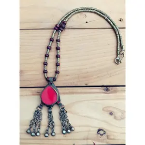 Red Coral Bib Necklace: Afghan Kuchi Tribal Pendant