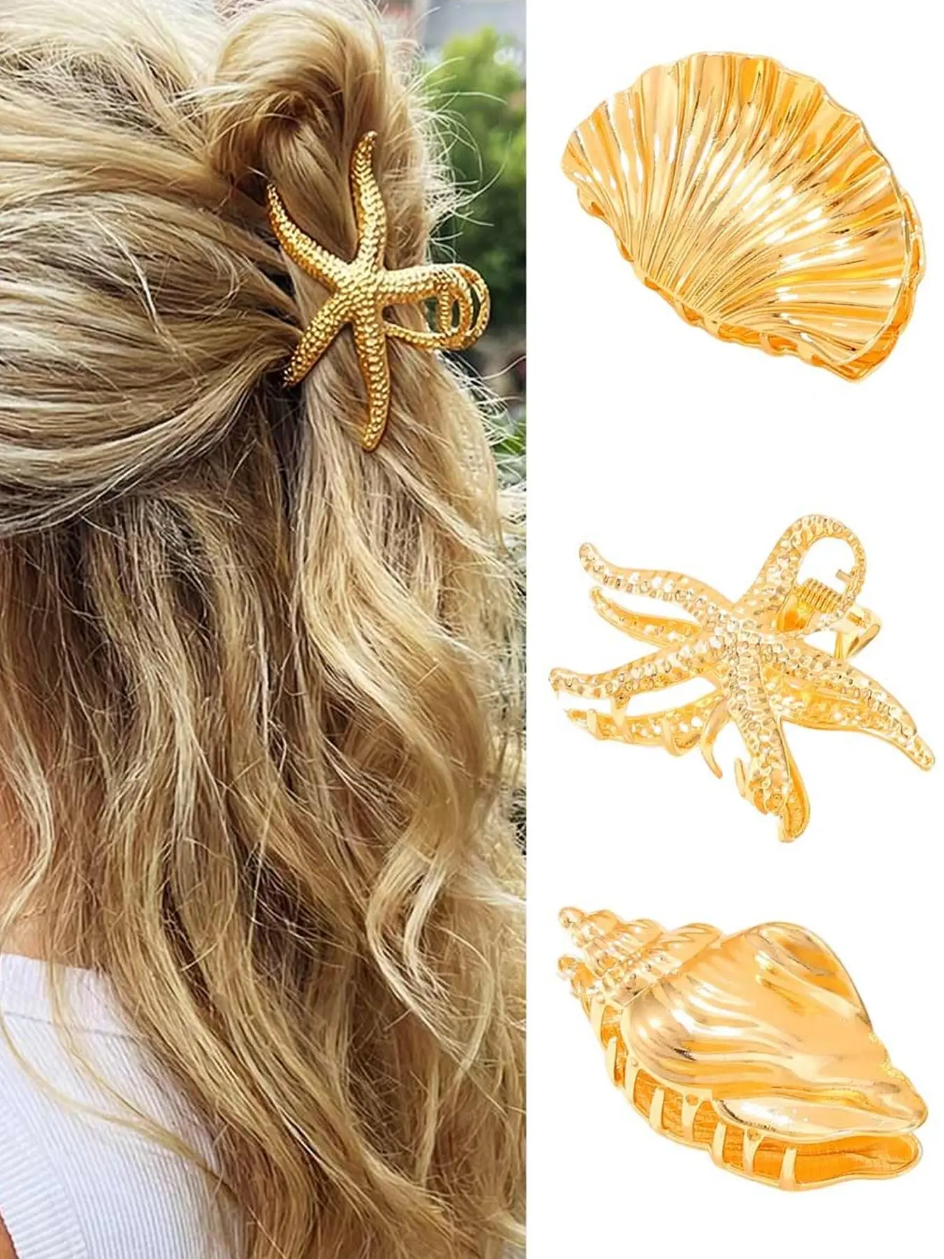 Seashell & Starfish Wavy Claw Hair Clips, Cute Beach Tropical Fashion Hair Accessories for Women and Girls, Stylish Summer Accessory