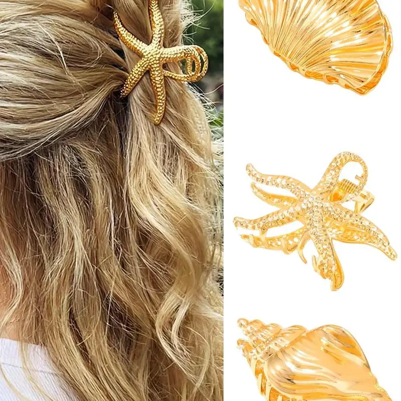 Seashell & Starfish Wavy Claw Hair Clips, Cute Beach Tropical Fashion Hair Accessories for Women and Girls, Stylish Summer Accessory