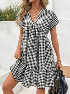 Women's Fashion Plaid V-Neck Mini Dress, Short Sleeve Ruffle Hem, Casual Summer Beach Vacation Picnic Dress, Loose Fit Daily Wear, Womenswear Ruffled