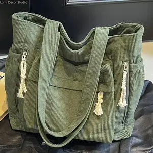 Women's Multi-Pocket Corduroy Tote Gym Bag - Everyday Purse, Large Capacity Shoulder Bag with Secure Zippered Compartments, Fixed Straps for Daily Commute, Travel