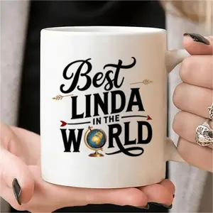 1pc 11oz Reusable Double-Sided Insulated White Ceramic Coffee Mug, 'Best Linda In The World' Text Design, Dishwasher Safe, For Hot/Cold Drinks, Funny Gift For Women