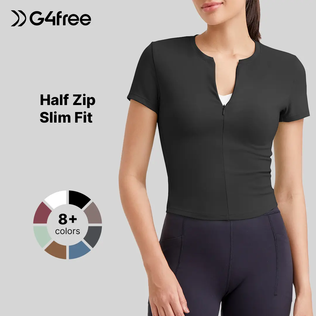 G4Free BareFeel Womens Workout Tops Short Sleeve Half Zip Slim Fit Athletic Shirts Gym Running Yoga Slight Crop Tshirts