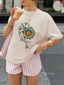 graphic Floral print drop shoulder t-shirt, short sleeve crew neck casual Fitted top for spring & summer, women's clothing