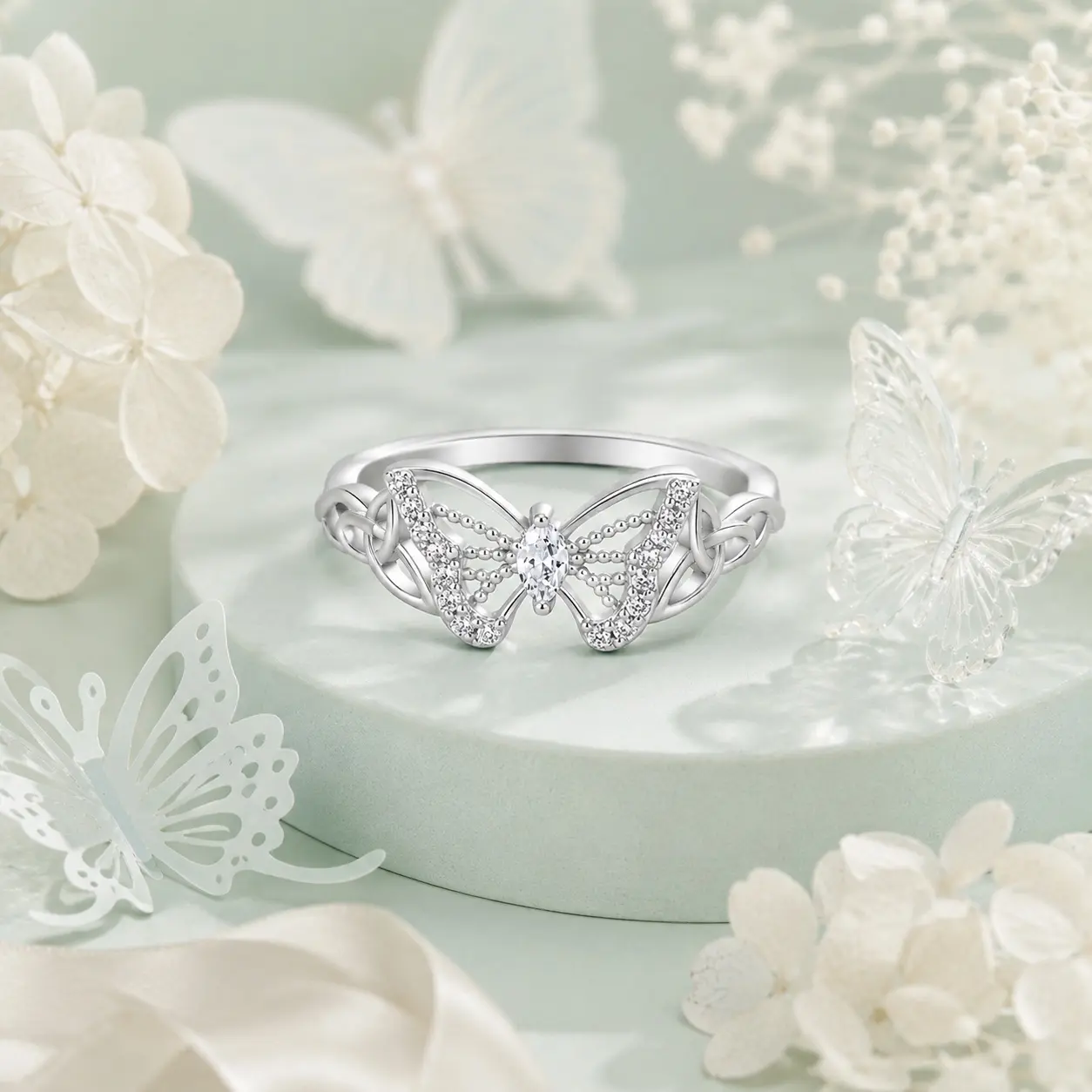 Women's S925 Sterling Silver Butterfly Design CZ Decorated Unique Ring - Celtic Knot Band, 5A Cubic Zirconia Accents, Ornate Daily Wear Classic Female Fashion Jewelry, Decorated Ring