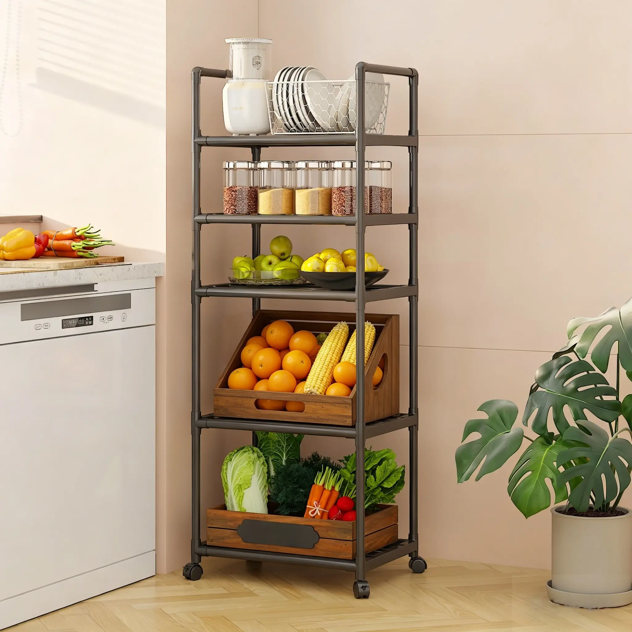 5-Tier Kitchen Baking Rack with Wheels, Mobile Multifunctional Storage Shelf for Vegetables Fruits, Organizer Cart for Office Bathroom Kitchen Laundry Room