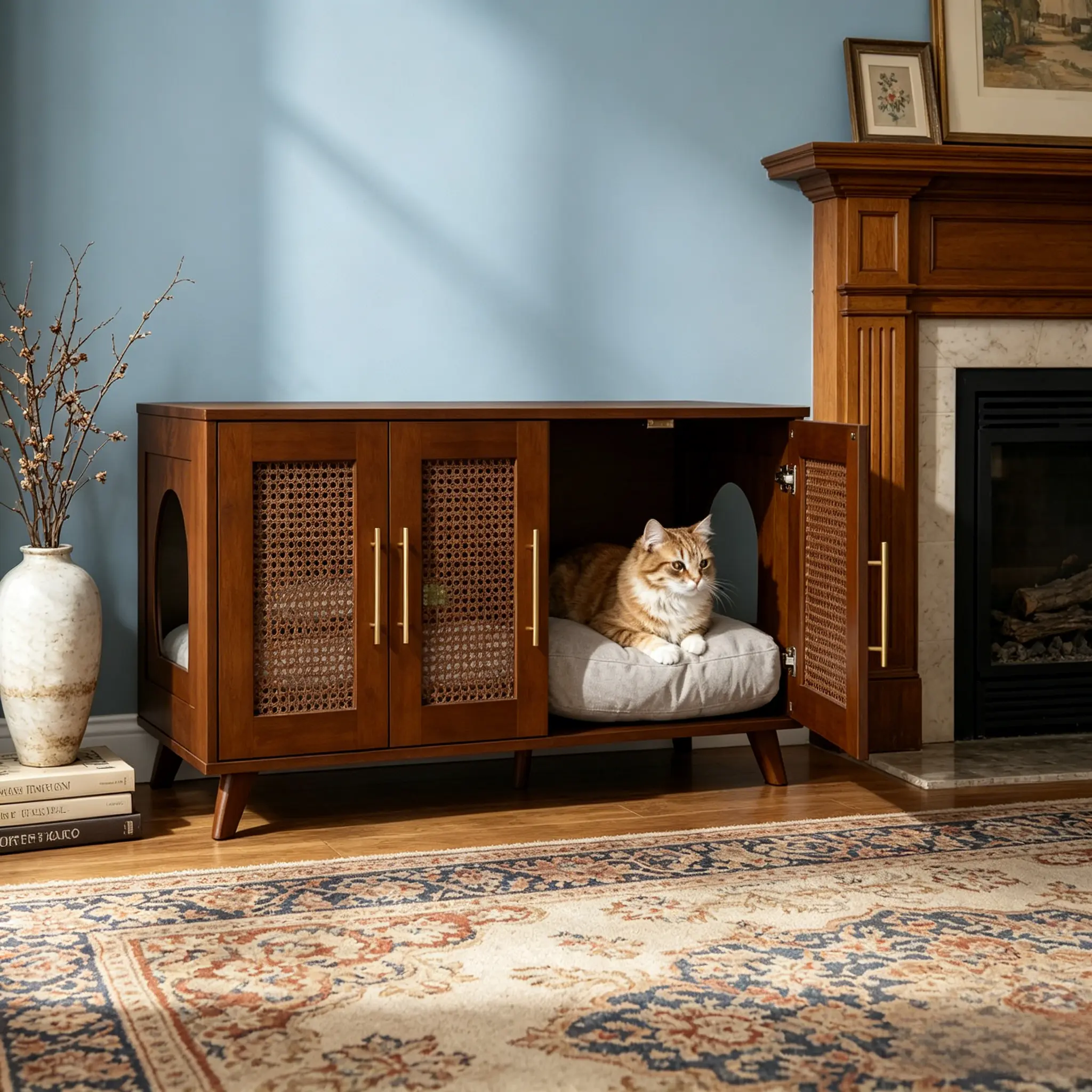 Christopher Knight Home® Myra Classic Modern Indoor Premium Rubber Wood Cat Cabinet with Rattan, Cozy Cushion, Low-Maintenance MDF Hidden Pet Furniture, Ample Storage Space for Bedroom, Living Room, Study (Medium, 26-40 lbs, Fits Litter Tray), Walnut, Rem