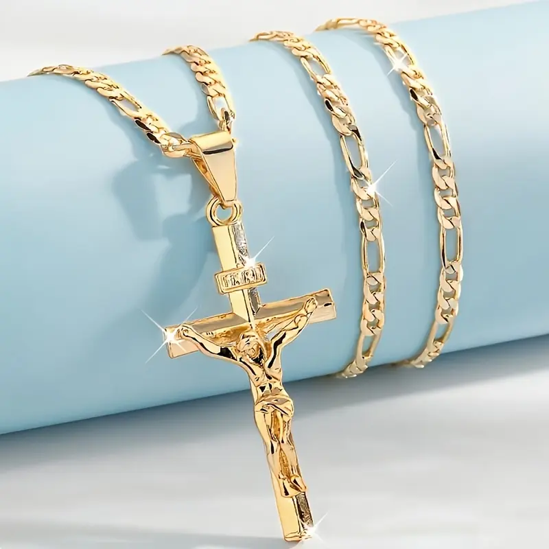 Men's Vintage 14K Gold-plated Jesus Cross Pendant Necklace With Smooth Chain Religious Jewelry For All Year Round Easter Graduation Gift