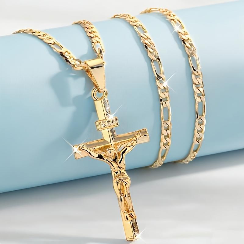 Men's Vintage 14K Gold-plated Jesus Cross Pendant Necklace With Smooth Chain Religious Jewelry For All Year Round Easter Graduation Gift
