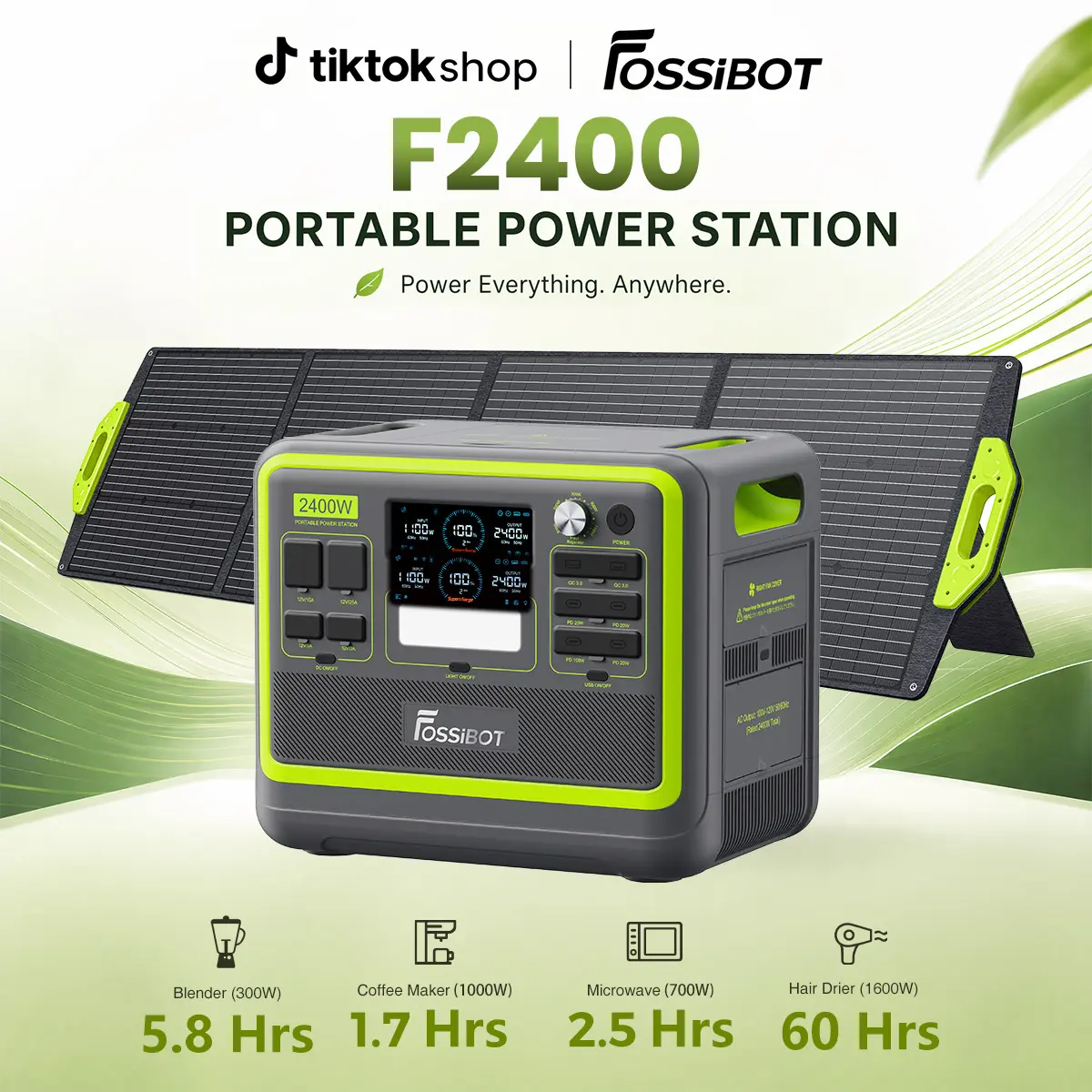 【DealsForYouDays】FOSSiBOT F2400 Portable Power Station 2400W (4800W Peak), 2048Wh LiFePO4 Battery Solar Generator with 1100W AC & 500W Solar Charging APP Control,1.5H Fast Charging, for Camping, Home Use, Emergency,RV