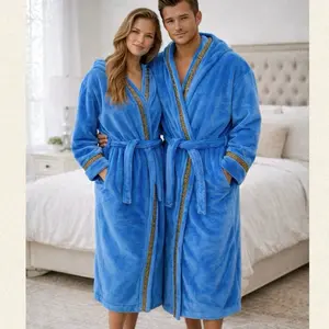Sky Blue Hooded Royalty Robe with gold Greek key trim - Mens Soft Fleece Bathrobe with Hood - Casual Loungewear Menswear Nightwear