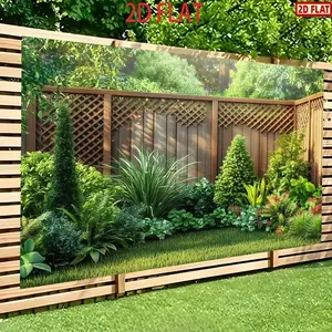 2D Flat Party Banner - Lush Green Garden Climbing Plants and Wooden Fence Design with Lattice Privacy Screen - Polyester Fabric Indoor/Outdoor Decoration for Weddings, Birthdays, Photo Shoots - Easy-to, Outdoor Banners
