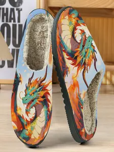 Vibrant Dragon Cotton Slippers, Light Blue Background, Dragon Body, Flame Tail, Soft Plush Lining, Casual Home Shoes