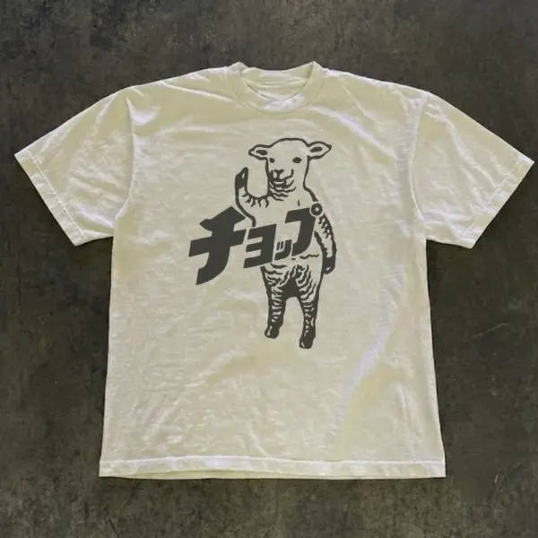 Japanese Katakana Lamb Graphic Tee,  Y2K Grunge Anime Style Top, Minimalist Black And White Streetwear Tee