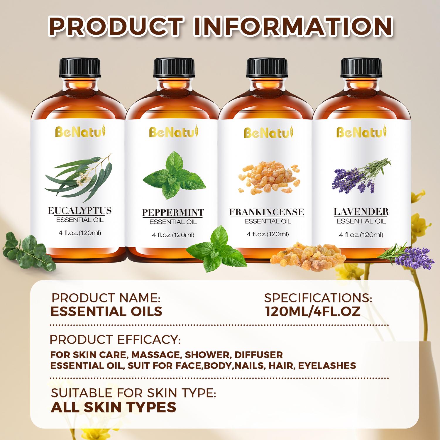 Benatu Essential Oil, Peppermint, Lavender, Eucalyptus, Frankincense For Diffusers, Humidifier Car Air Freshener, Soap Making, Candles, Christmas And New Year Gifts, DIY Candles/Soap 120ml