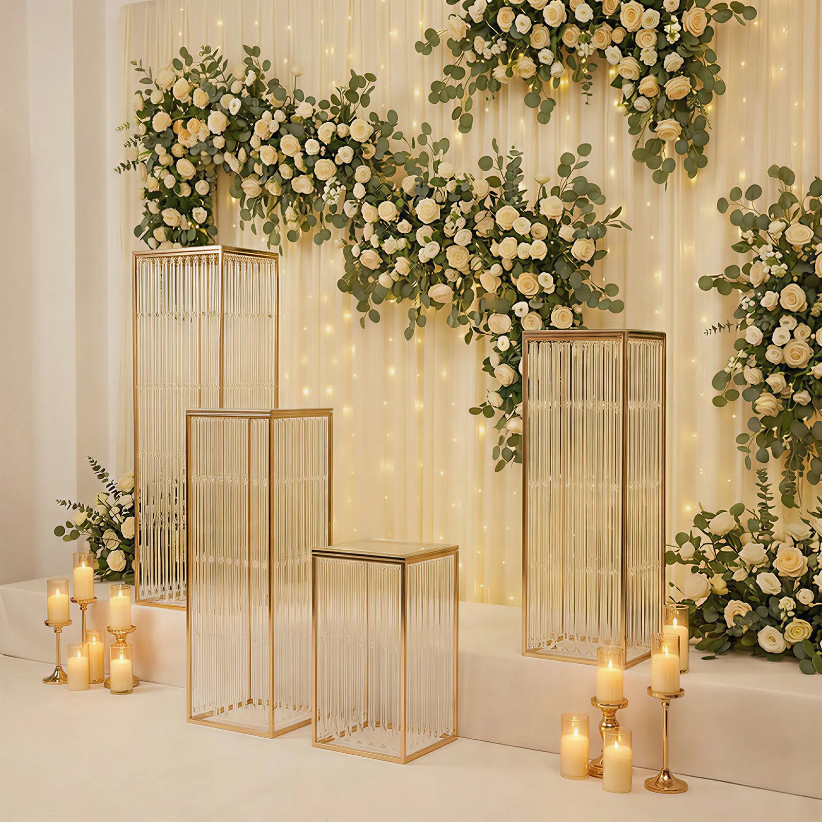 Gold Metal Pedestal Stand Set - 4-Piece Pre-Assembled Rectangular Decor Risers with Acrylic Top, Crystal Pendant Strip Chains (16in,24in,32in,40in) for Party Decorations Supplies, Centerpiece, Holiday, Baby Shower Displays
