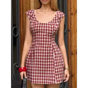 Red And White Plaid Dress Scoop Neck Fitted A-Line Summer Dress Elegant Vintage Cottagecore Youthful Party Dress Trendy Outfit