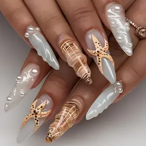 Luxury Starfish & Shell Nails, 3D Ocean Pearl White Beach Inspired Press On Nail Art