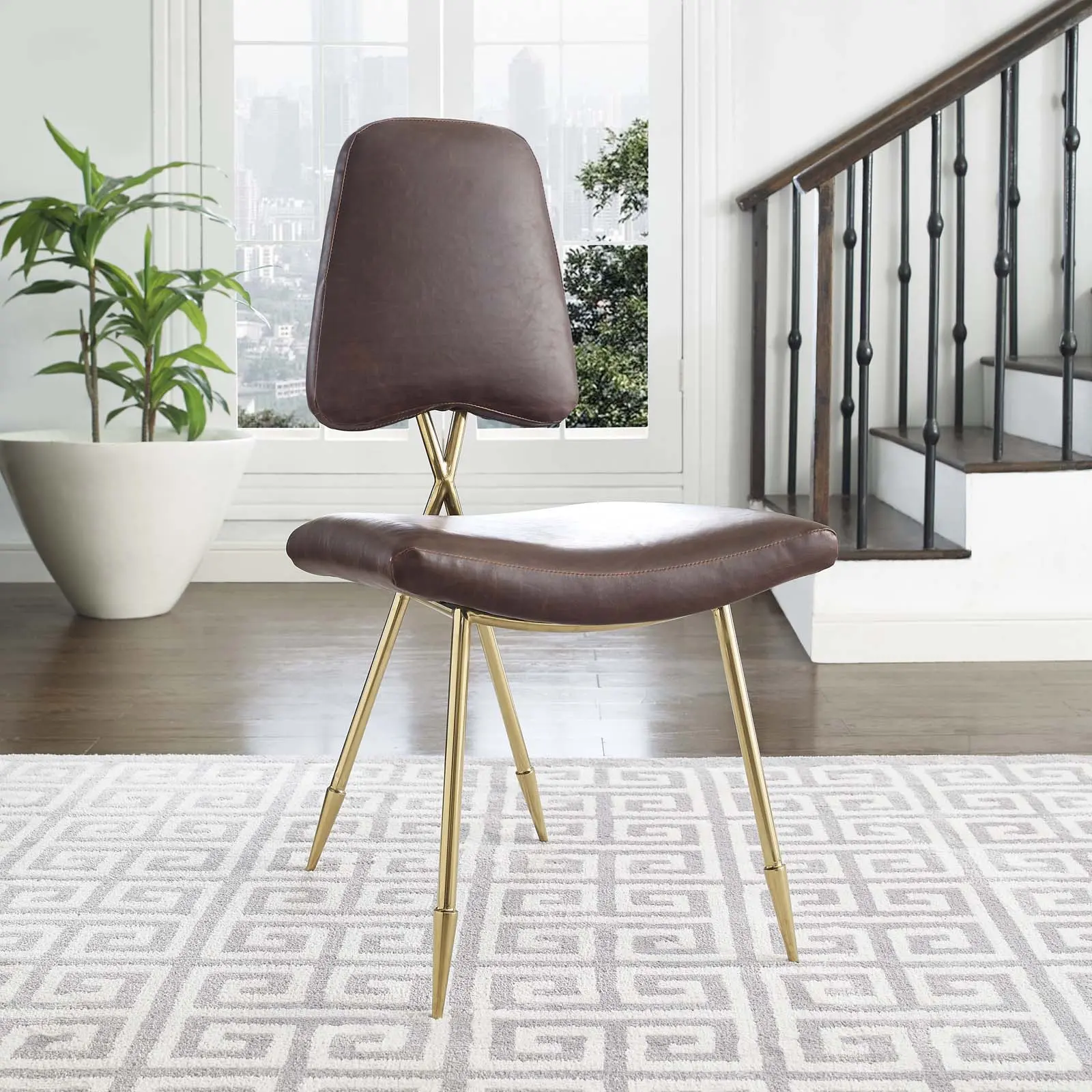 Modway Ponder Brown Antique Faux Leather Dining Side Chair, Armless Legged Modern Accent Chair, Antique Style Ergonomic Seat Cushion Highback Living Room Furniture, Armless Legged Chair, Antique Style Living Room Furniture
