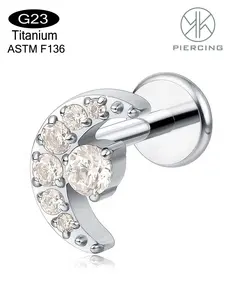F136 Titanium Material Moon Cz Accent Piercing Jewelry, 16g Flat Back Helix Ear Studs, Labret Design for Cartilage & Lip Piercings, All-Season Wear