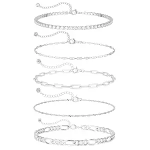 TEWIKY 925 Silver-Plated Five-Layer Bracelet with Figaro Paperclip 3mm Cubic Zirconia Lip Chain & Wave Chain Perfect for Valentine's Day Gift