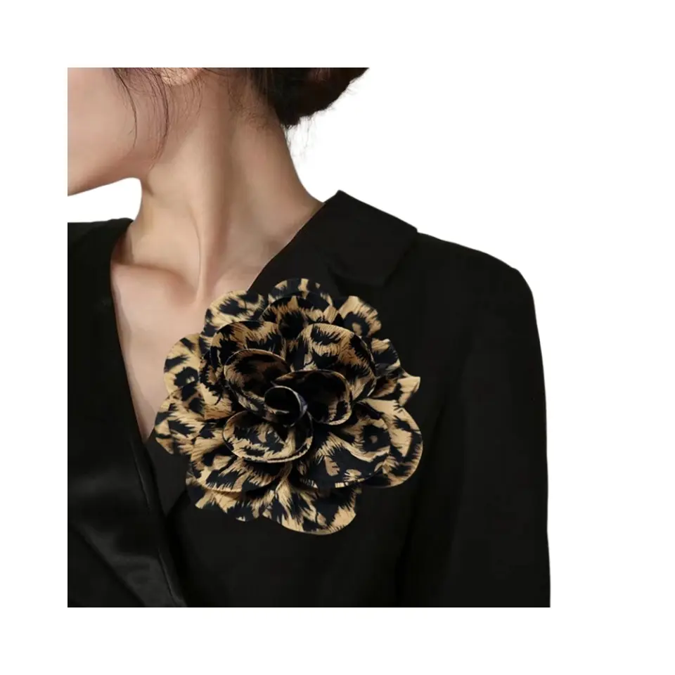 Fabric Flower Brooch, Vintage Leopard Print Layered Camellia, Satin Chiffon Sew-On Applique for Clothing & Formal Wear, Easy Sewing