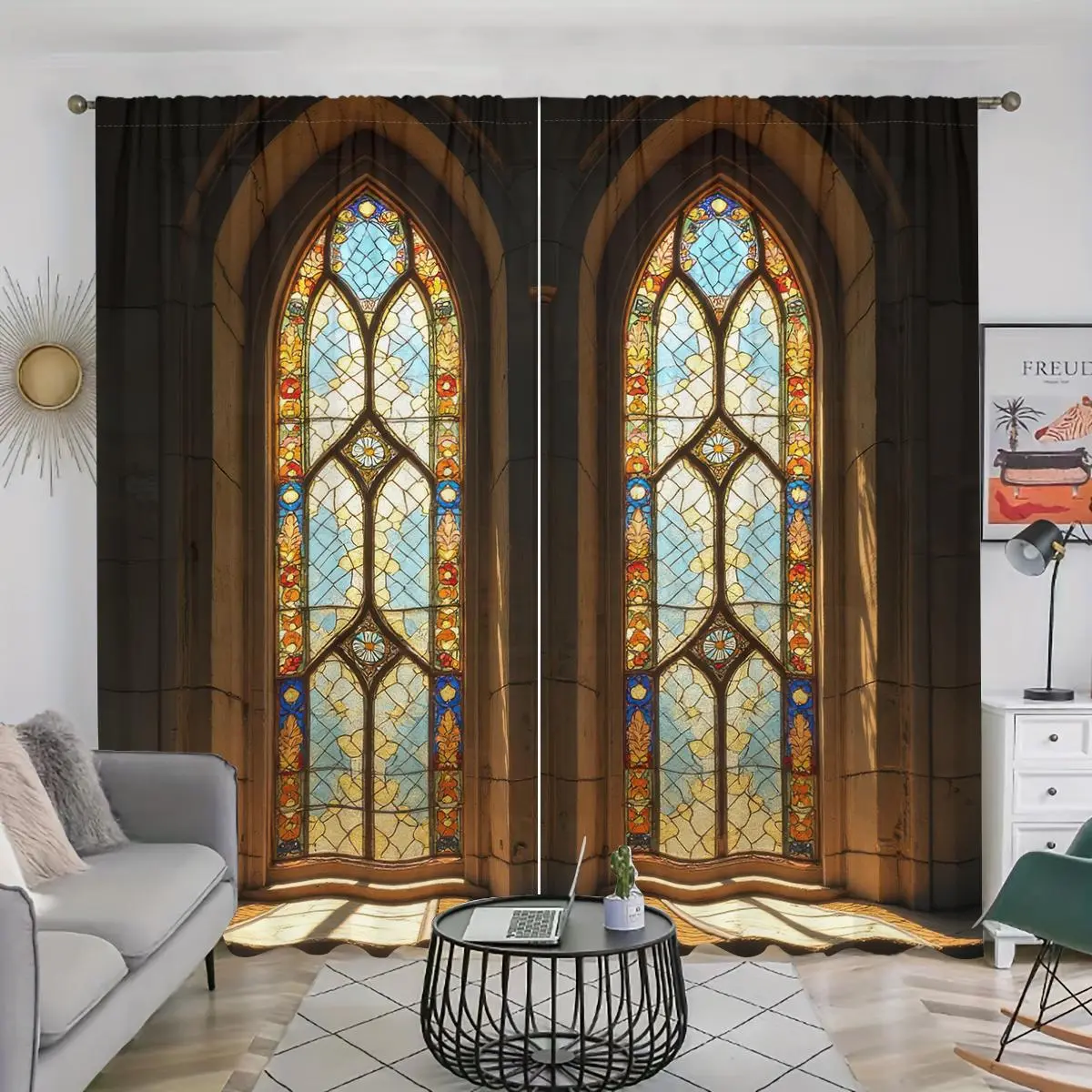 Gothic Retro European Printed Curtains, Medieval Cathedral Stained Glass Design, Pole Pocket Style, Semi Sunshade, Easy Clean Polyester Fabric, Window Curtains