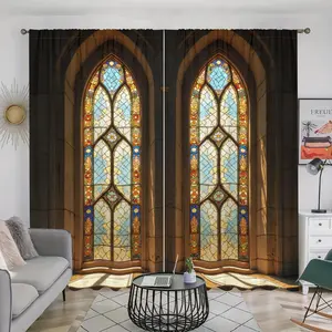 Gothic Retro European Printed Curtains, Medieval Cathedral Stained Glass Design, Pole Pocket Style, Semi Sunshade, Easy Clean Polyester Fabric