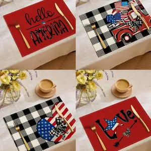 American Independence Day Memorial Placemat, Washable Stain-Resistant, Home Restaurant Decor, 1pc/4pcs/6pcs, Buffalo Check Heart Bowknot Design