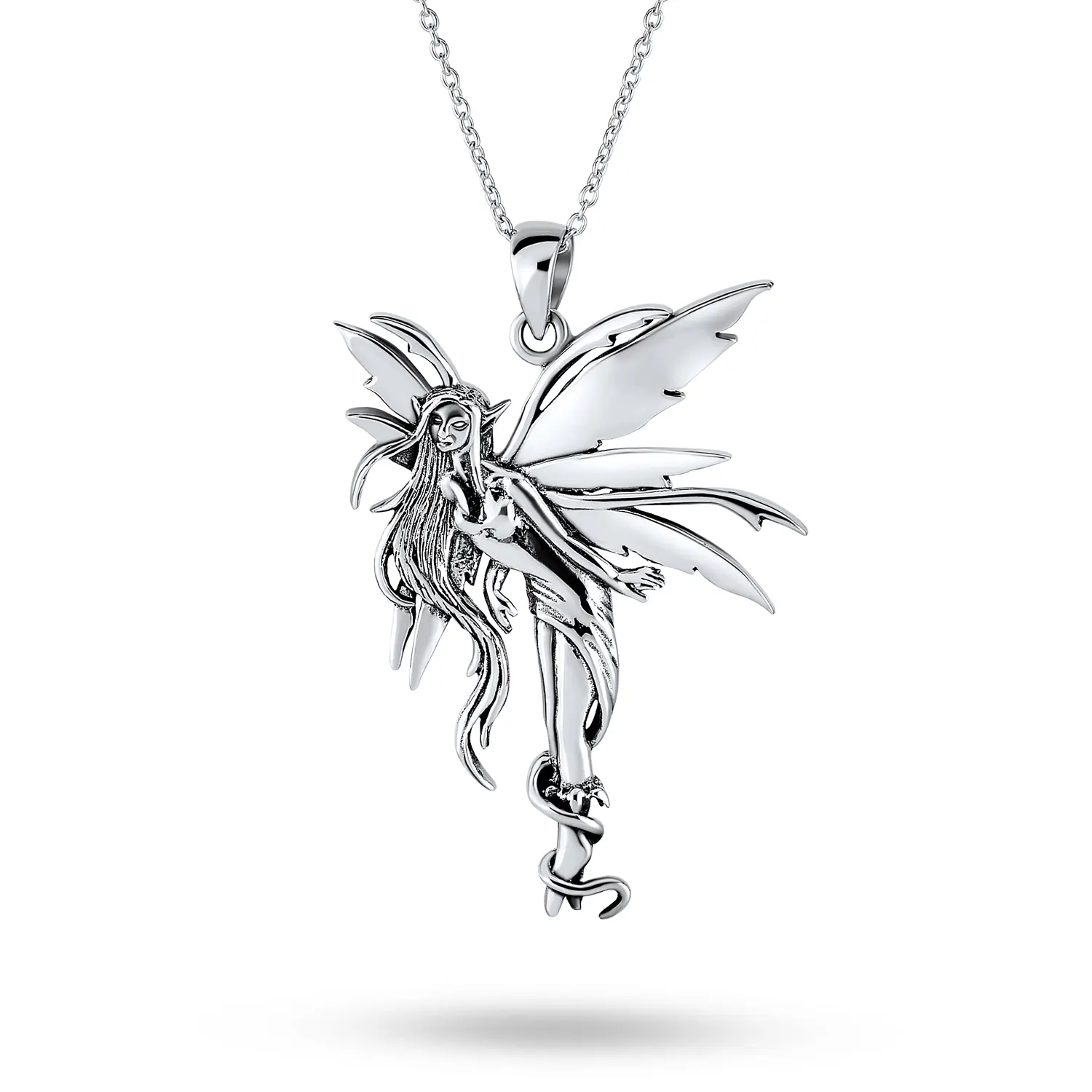 Whimsical Fairy Pendant Necklace Tinkerbell Pixie Angel Oxidized .925 Sterling Silver