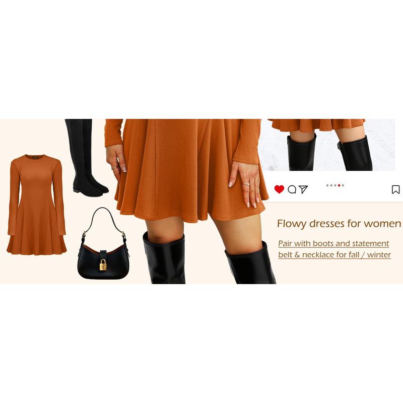 OFEEFAN Sweater Dress for Women Fall 2025 Long Sleeve Crew Neck Ribbed Knit Fit and Flare A-Line Dresses