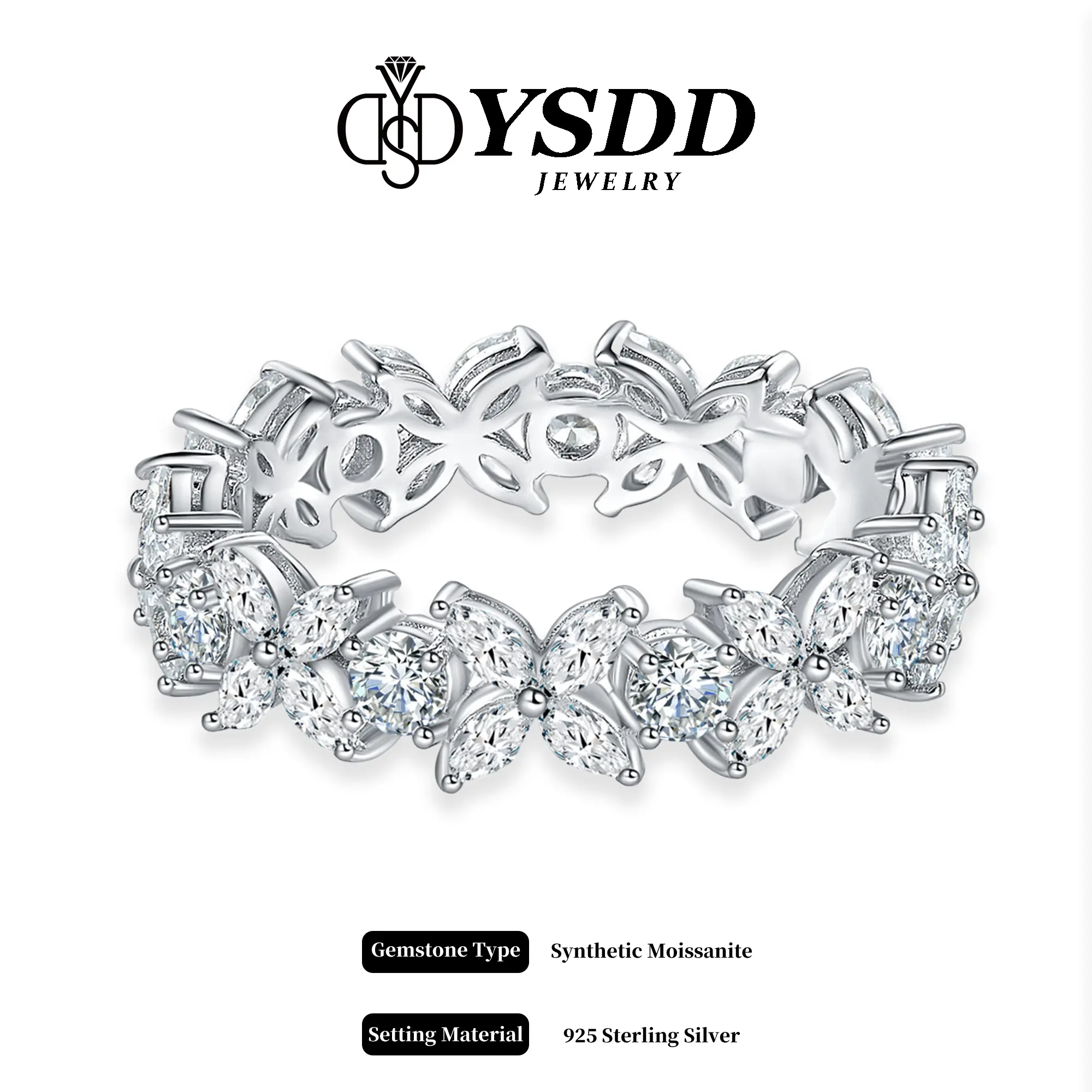 【#665 New Arrival】7mm Ethereal Butterfly Eternity Band Marquise and Round vvs Synthetic Moissanite Rings in 925 Sterling Silver