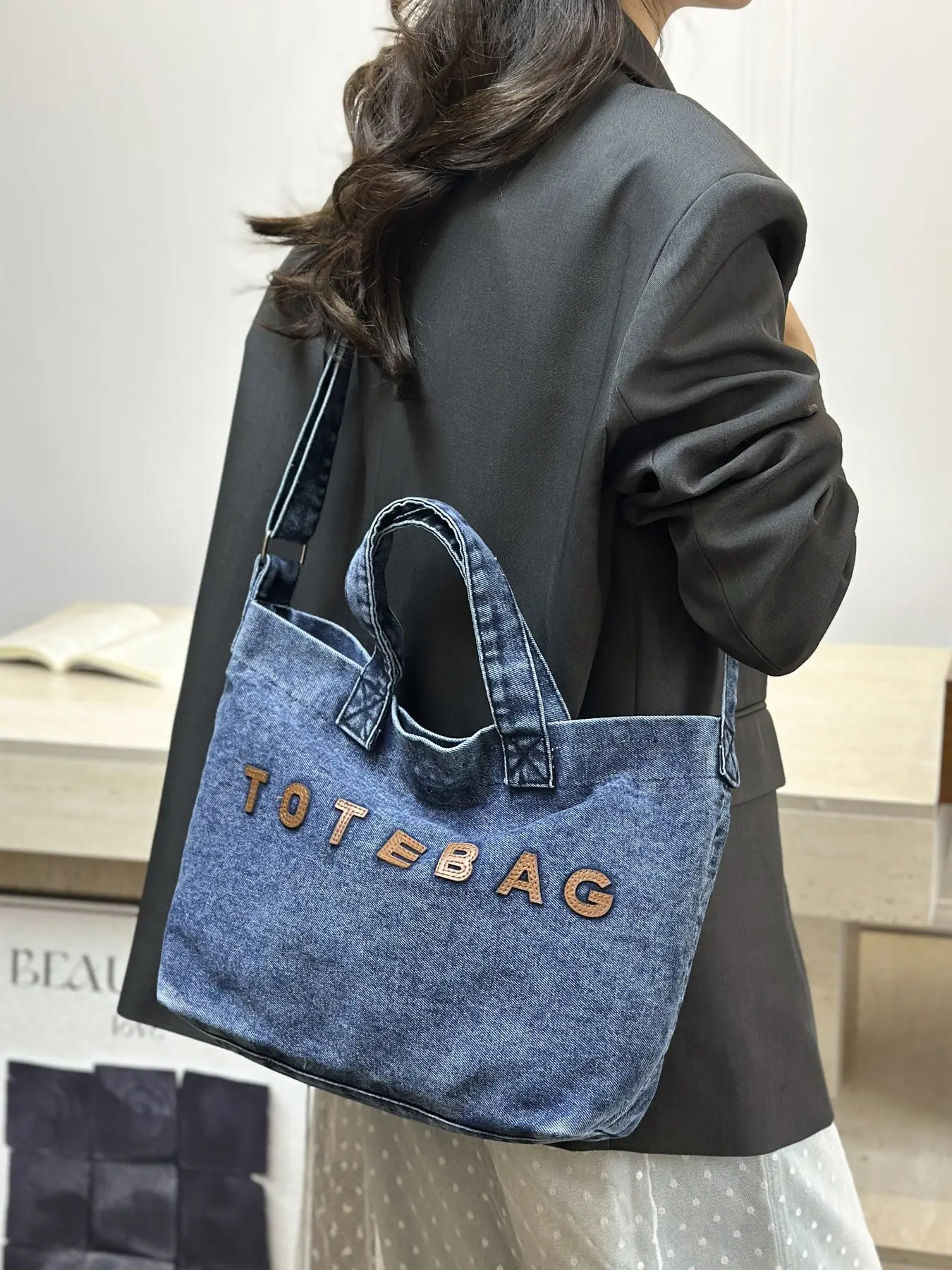 Washable soft denim shoulder bag, Casual Commuter Bag, multi-back design, daily shopping with large capacity canvas tote bag, Canvas Shopper