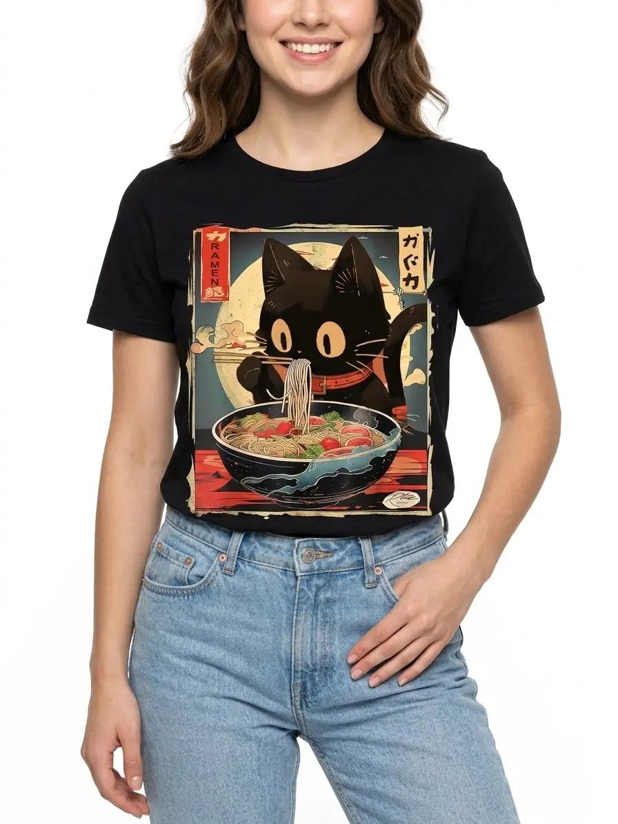 Ramen Cat Anime Graphic Tee 100% Cotton Black S-3XL Women Japanese-style Foodie-outfit Cute-pet Aesthetic-wear Casual-look Unique-gift