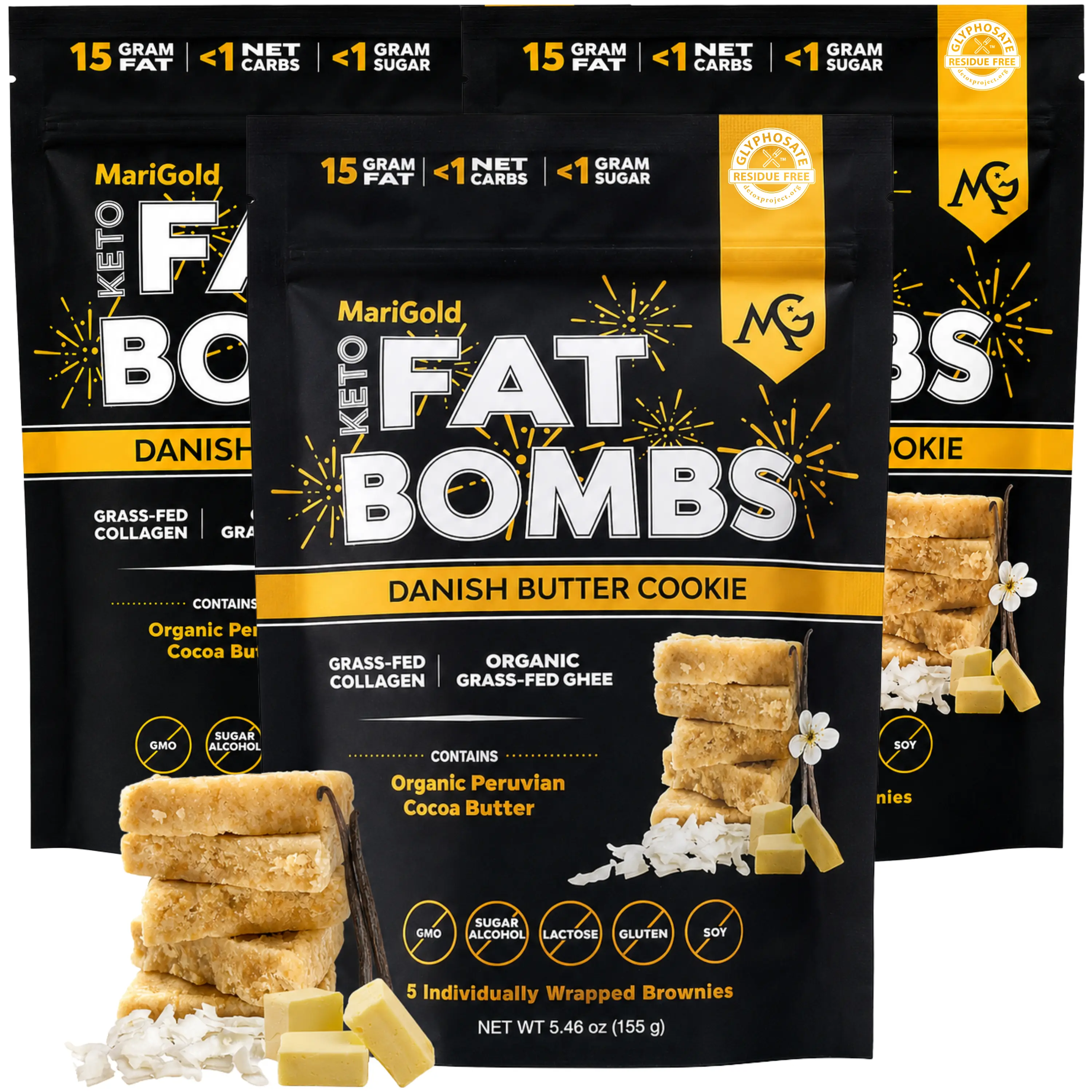 MariGold Keto Fat Bombs - Danish Butter Cookie - 3 PACK (15 Bars) Low Carb, Low Sugar, Collagen-Rich, Low Carb, Organic Cocoa Butter & Grassfed Ghee, Non-GMO, Protein Snacks