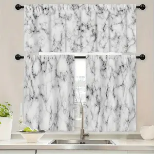 3pcs Black Moire Marble Print Curtain | Polyester Rod Pocket Valance, 1 Valance/2 Cafe Curtains Tiers, Window for Kitchen, Cafe, Living Room, Bedroom, Home Decor, Uncorded, Unlined