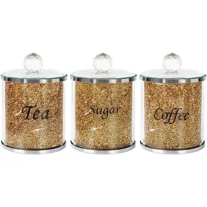Coffee Sugar Tea Crystal Canister Set of 3,Sparkly Crystal Crushed Diamonds Home Decor,Silver Kitchen Coffee Jar Storage Set with Label & Lid,Storage Container Set for Countertop,Dining Room