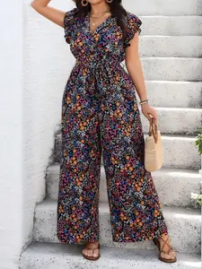 [Plus Size] All Over Print Jumpsuit, Tie Front Jumpsuit, Fashion Casual Jumpsuit for Daily Holiday Vacation Wear, Women Plus Clothing for Summer