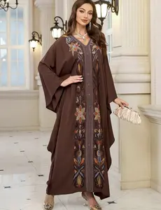 New Long Dress Women Embroidered V-Neck Brown Floral Design Elegant Fashion