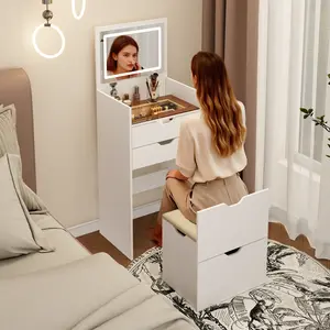 Memorial Day 3-in-1 Multi-Functional Vanity Table with LED Lighting Mirror+ 2 Drawers + Hidden Stool, Compact White Dressing Table for Bedroom