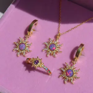 Princess Opal Sunflower Necklace Bracelet Earrings with Ring Sparkling Gemstone Pendant Jewelry Set for Adults